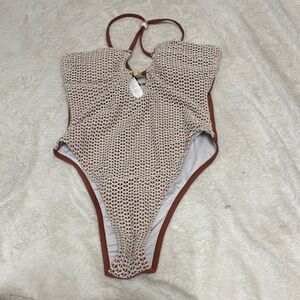 Cupshe Beige Crochet One-Piece Swimsuit with Brown Trim